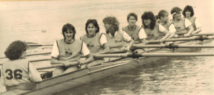 1987 - Annelies, Lucia, Carla Smedts, Sylvia Smets, Martine Goiris, Karin Hiel, Martine Hiel, Christiane Oorts en Stuurvrouw Els Verbeeck
